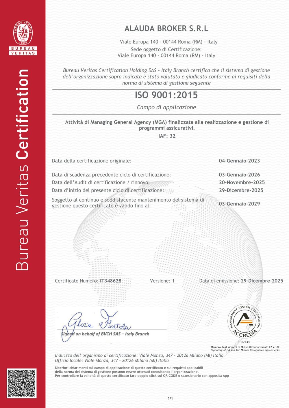 Certificato ISO 9001 Alauda Broker n. IT348628